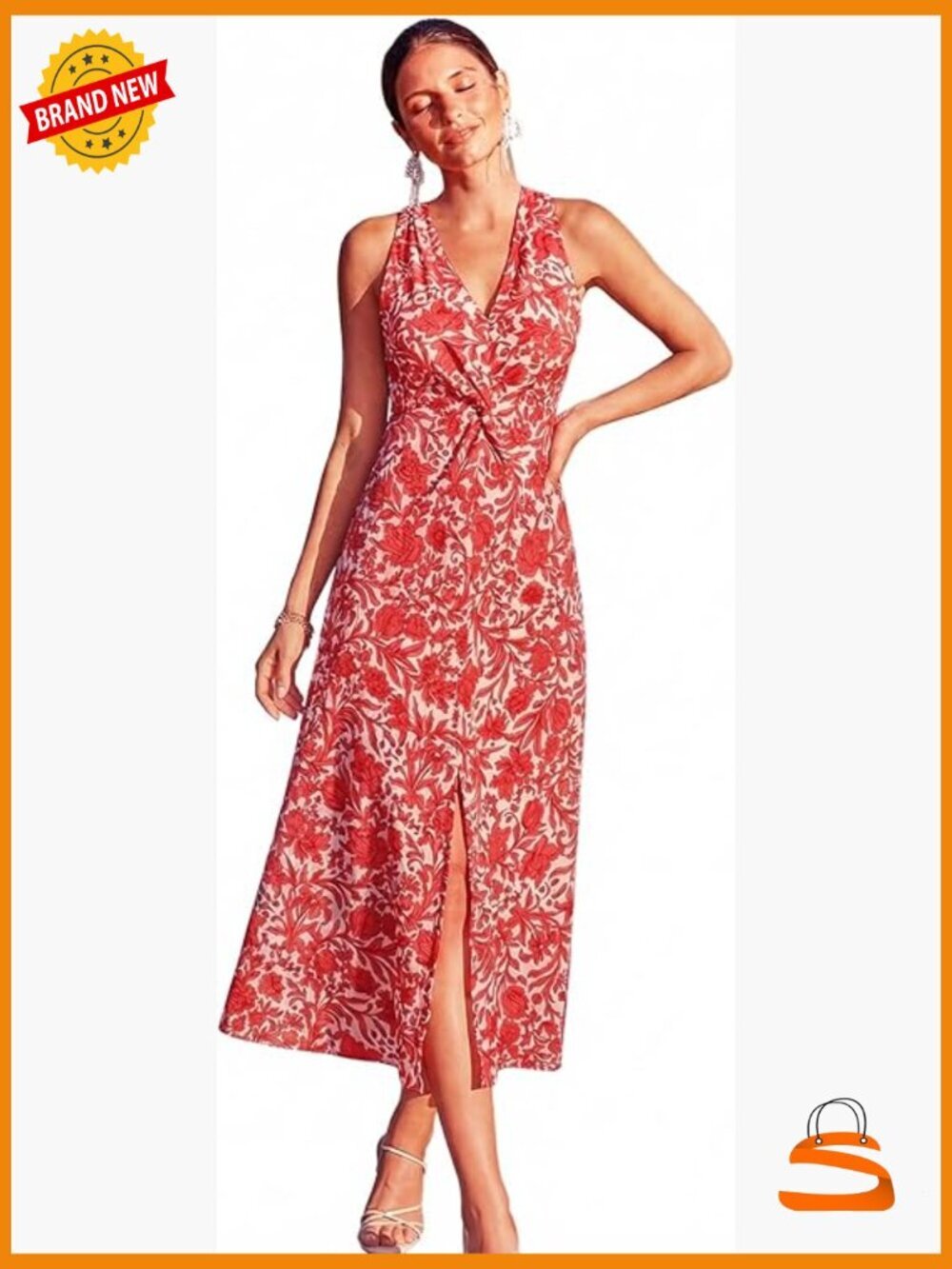 Boho Floral Midi Dress Sleeveless V Neck Twist Knot Front Flowy A Line Sundress